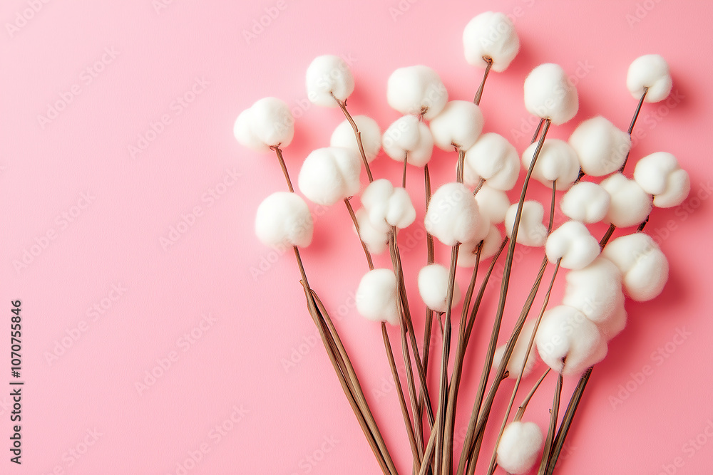 Fototapeta premium Delicate cotton flower stems arranged on a soft pink backdrop, showcasing natural beauty and simplicity in design. Generative AI