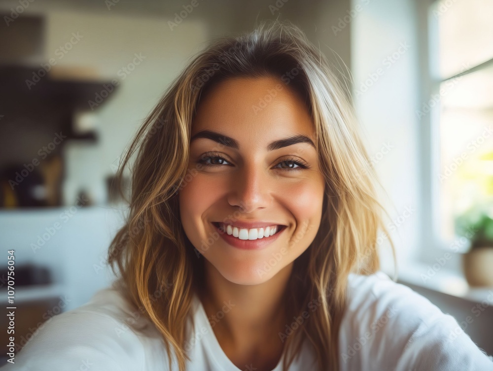 Fototapeta premium A woman with long blonde hair smiling at the camera