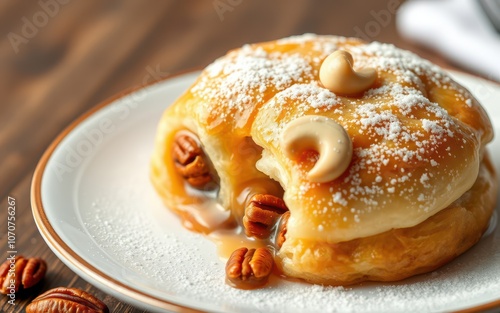 A close-up of a pastry filled with caramel and pecans, dusted with powdered sugar photo