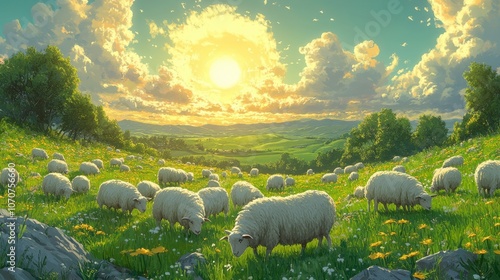 Sheep Grazing on a Hillside in Pastoral Setting