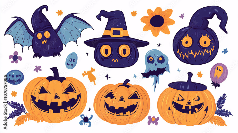 Cute and creepy cartoon characters, such as pumpkins and witches, in a fun Halloween set, ideal for kids' holiday stickers and designs Cute and creepy cartoon characters, such as pumpkins and witches, in a fun Halloween set, ideal for kids' holiday stickers and designs