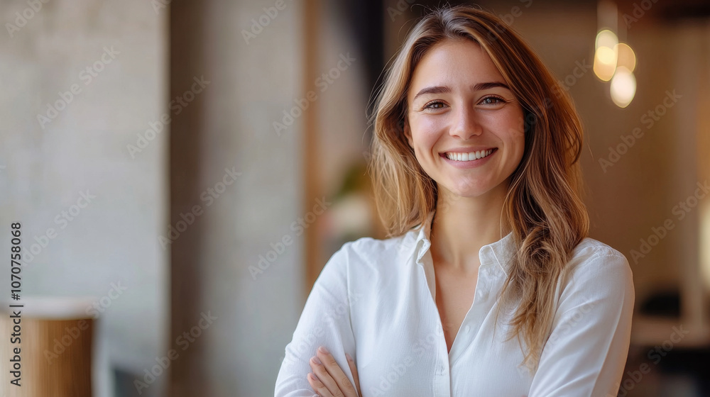 Smiling business owner standing by their company logo, posing for a portrait that reflects their success and professionalism Smiling business owner standing by their company logo, posing for a portrait that reflects their success and professionalism