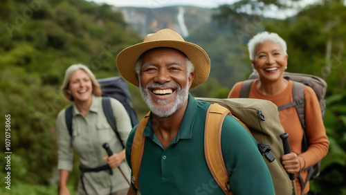 Group of diverse senior friends enjoying a hiking in a national park surrounded by lush greenery, mountains, and waterfall, The overall atmosphere is one of camaraderie, senior travel.