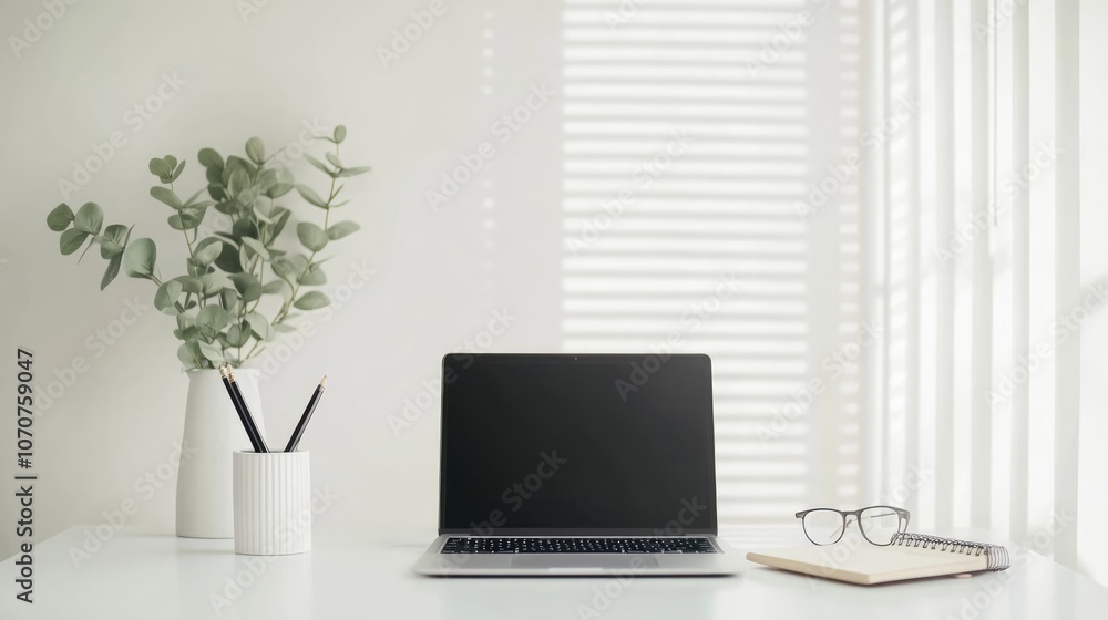 Fototapeta premium Minimalist Workspace with Laptop and Notebook