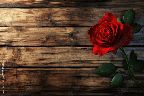 Red Rose in Vase on Old Wooden Background: Romantic and Rustic Floral Decor