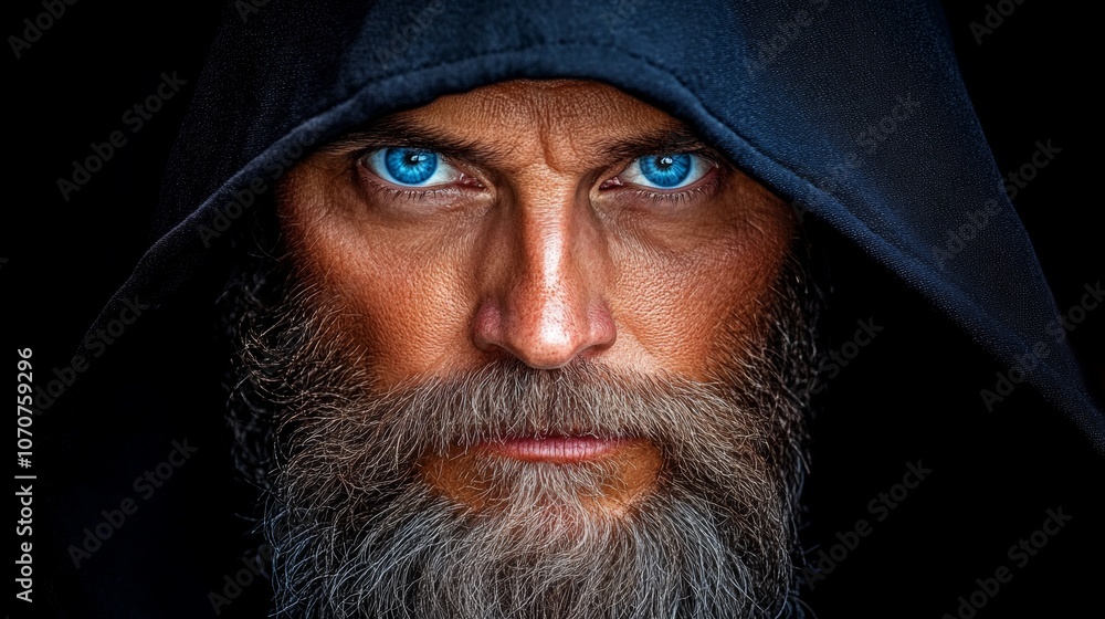 Intense Man with Blue Eyes Long Beard Dark Hoodie Intense Man with Blue Eyes Long Beard Dark Hoodie