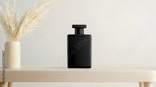 mock up of a square black perfume bottle, on a minimalist beige wooden table,