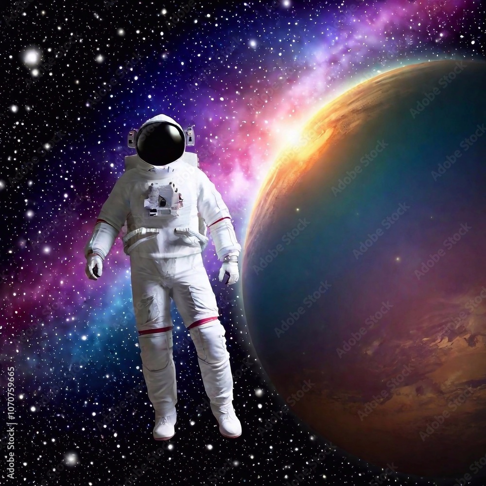 Naklejka premium An astronaut floating serenely in the vastness of space, surrounded by colorful nebulae and twinkling stars, with their visor reflecting distant galaxies and cosmic phenomena.