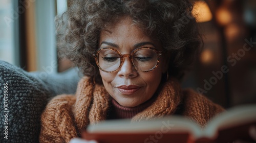 A woman sits comfortably on a couch, deeply engrossed in a book while sunlight filters through a nearby window. Her warm sweater enhances the cozy atmosphere.