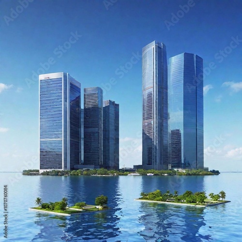 Futuristic city partially submerged in water, with tall skyscrapers emerging from the floodwaters.