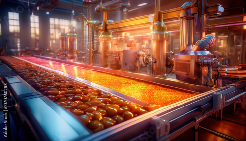 A visually engaging representation of a food production line, showcasing various ingredients cascading down into different sections of the assembly process. 