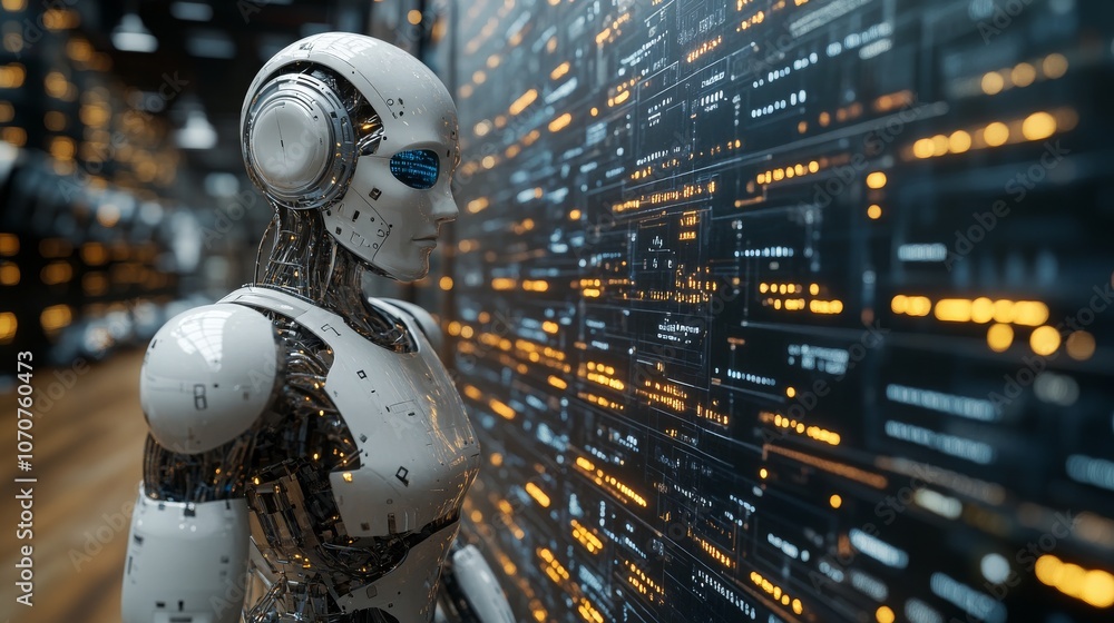 Fototapeta premium Advanced AI legal aides interact within a mobile environment, showcasing future technology