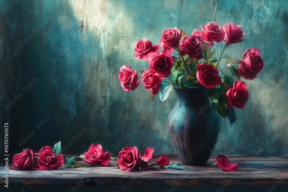 Red Rose in Vase on Old Wooden Background: Romantic and Rustic Floral Decor Red Rose in Vase on Old Wooden Background: Romantic and Rustic Floral Decor