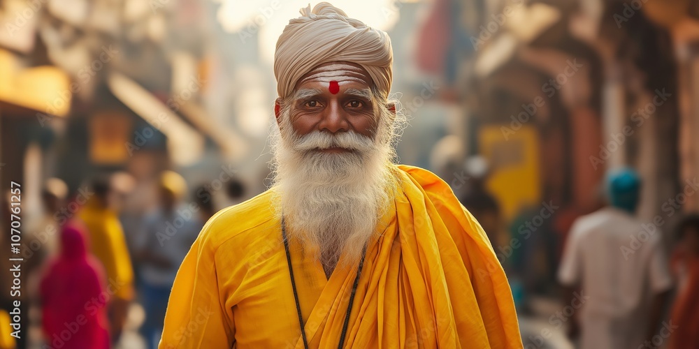 An elderly man with white beard and turban in vibrant marketplace, expressing calm amidst colorful chaos. An elderly man with white beard and turban in vibrant marketplace, expressing calm amidst colorful chaos.
