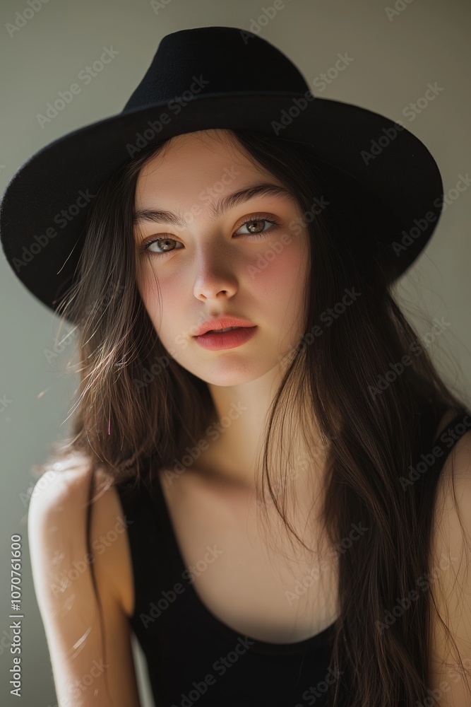 A thoughtful young woman wearing a stylish hat is softly illuminated, suggesting introspection and elegance. A thoughtful young woman wearing a stylish hat is softly illuminated, suggesting introspection and elegance.