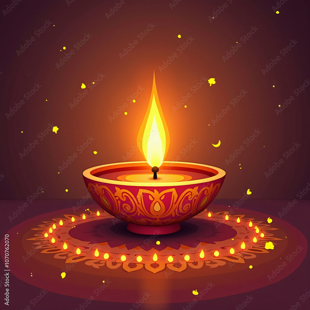 Vibrant diya lamp glowing warmly in a beautifully decorated setting, symbolizing light and spirituality during festive celebrations, surrounded by intricate designs and soft glowing lights Vibrant diya lamp glowing warmly in a beautifully decorated setting, symbolizing light and spirituality during festive celebrations, surrounded by intricate designs and soft glowing lights