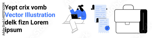 Business professional working on laptop, documents with checkmarks, and briefcase. Ideal for business presentations, online courses, financial reports, marketing materials, workplace training, blogs