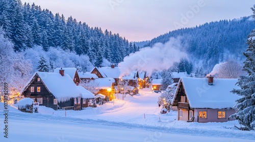 Snowy Winter Village Scene Cozy Cabins Snow Covered Forest