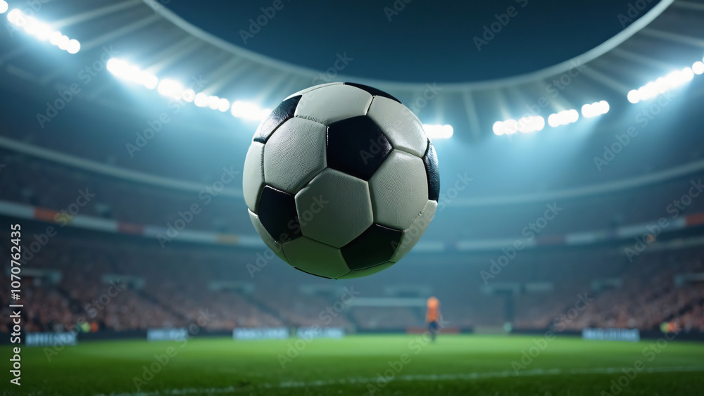 Fototapeta premium Dynamic view of a soccer ball soaring through a vibrant stadium under dazzling lights, capturing the excitement of the game and the passion of fans in a thrilling sports atmosphere