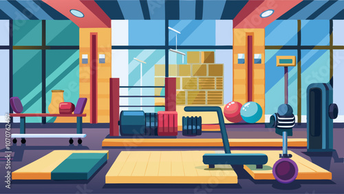 An empty gym with dumbbells, yoga mats and exercise equipment. Vector illustration