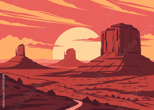 Sunset in the desert against a backdrop of cliffs. Wild west vector illustration