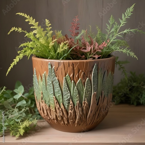 nature-inspired ceramic flower pot with a textured bark design in earthy browns and greens photo