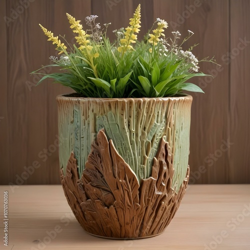 nature-inspired ceramic flower pot with a textured bark design in earthy browns and greens photo