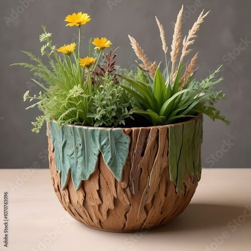 nature-inspired ceramic flower pot with a textured bark design in earthy browns and greens photo