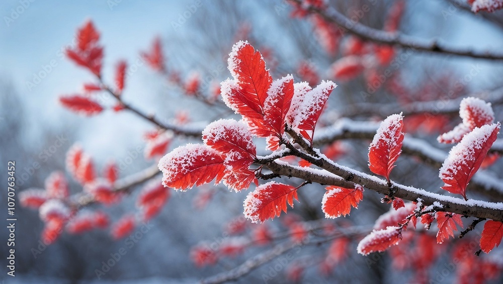Rowan branches with red leaves covered in frost, winter day showcasing nature's beauty Rowan branches with red leaves covered in frost, winter day showcasing nature's beauty