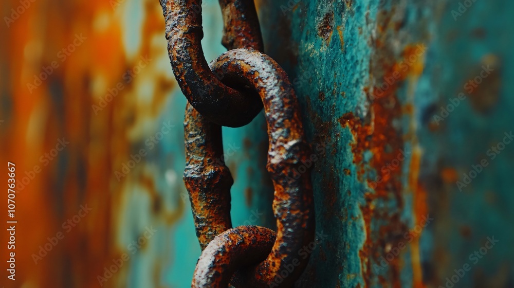 Close-Up of Rusted Chains with Intricate Links and Varied Colors Close-Up of Rusted Chains with Intricate Links and Varied Colors