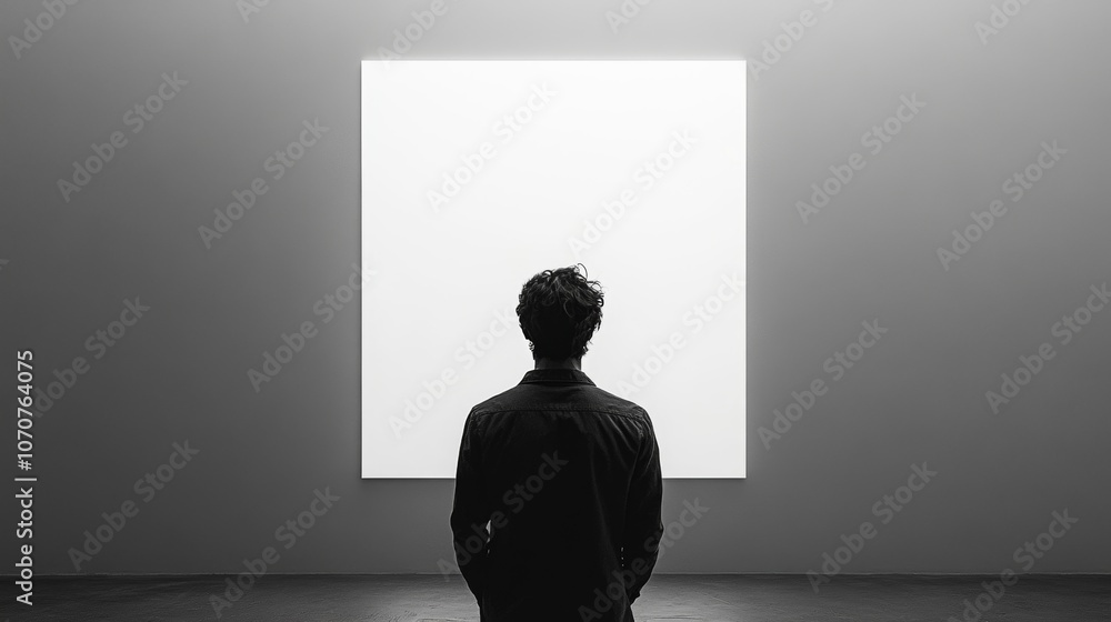 Obraz premium Man Contemplating Blank Canvas in Minimalist Gallery