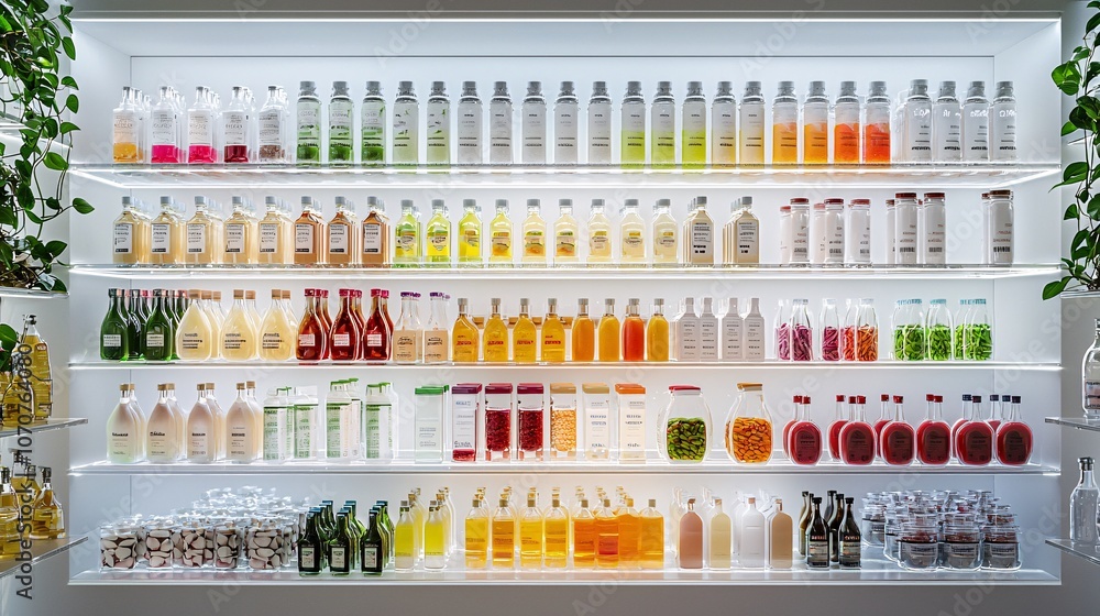 A visually appealing arrangement of various products on shelves, organized by expiration date. The display features colorful bottles and jars, showcasing freshness and quality. A visually appealing arrangement of various products on shelves, organized by expiration date. The display features colorful bottles and jars, showcasing freshness and quality.