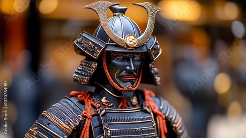 Samurai Armor Figurine Close up of Japanese Warrior Helmet and Chestplate