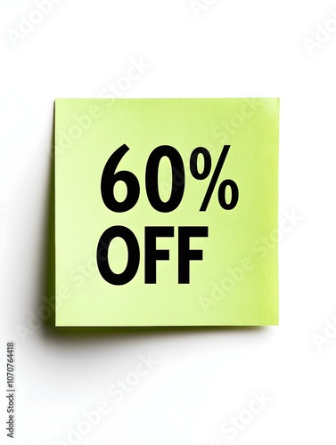 Black '60% OFF' Text on a Green Square Paper Note. White Background 