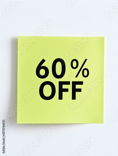 Black '60% OFF' Text on a Green Square Paper Note. White Background 