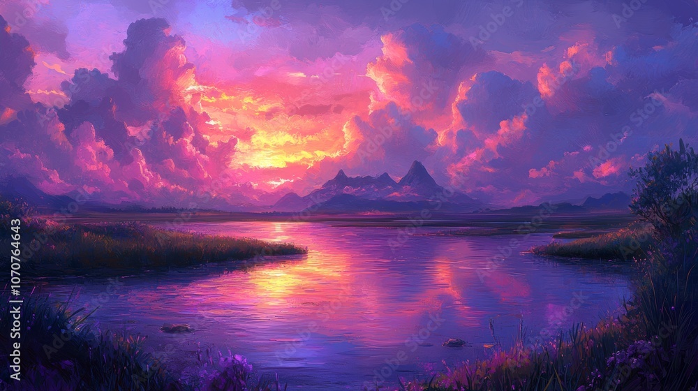 Vibrant Sunset Landscape Serene Lake Mountains Purple Clouds Vibrant Sunset Landscape Serene Lake Mountains Purple Clouds