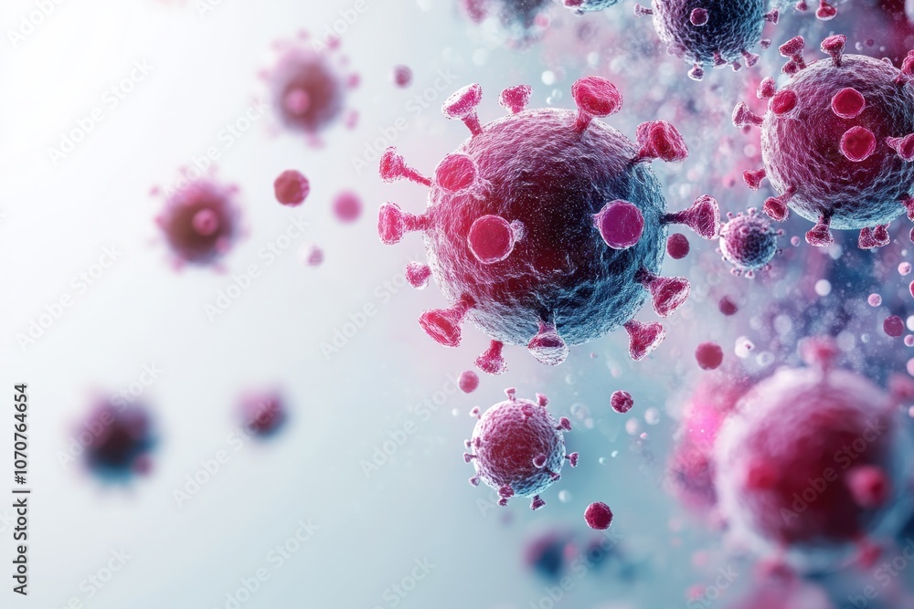 Microscopic view of viruses showcasing their complex structure and cellular interactions Microscopic view of viruses showcasing their complex structure and cellular interactions