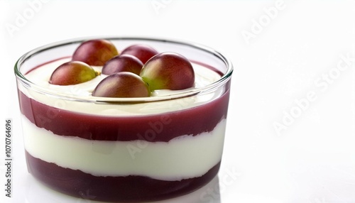 close up of grape flavored yogurt in a clear glass isolated against a white background