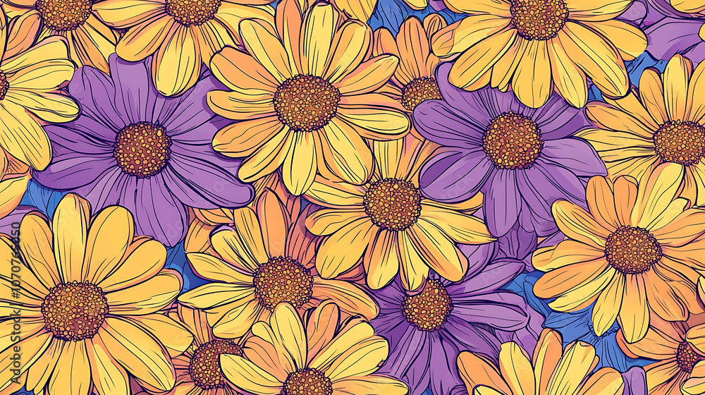 : A vibrant and colorful pattern showcasing large yellow daisies with intricate petal details and bold contrasting hues of pink, blue, and orange, creating a lively floral composition with a cheerful : A vibrant and colorful pattern showcasing large yellow daisies with intricate petal details and bold contrasting hues of pink, blue, and orange, creating a lively floral composition with a cheerful