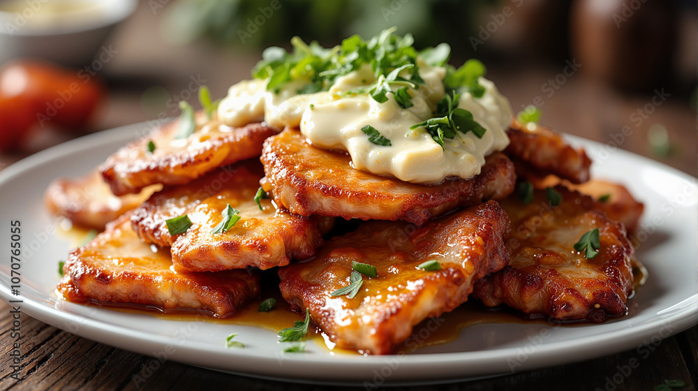 Grilled chicken with creamy sauce and herbs on plate Grilled chicken with creamy sauce and herbs on plate