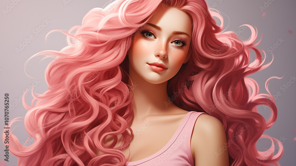 Charming portrait of a woman with long wavy pink hair and a sweet smile Charming portrait of a woman with long wavy pink hair and a sweet smile