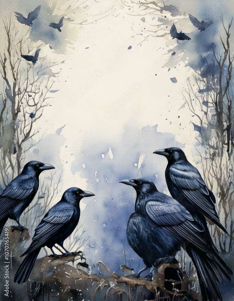 Fototapeta premium watercolor background of crows with empty copy space in the middle