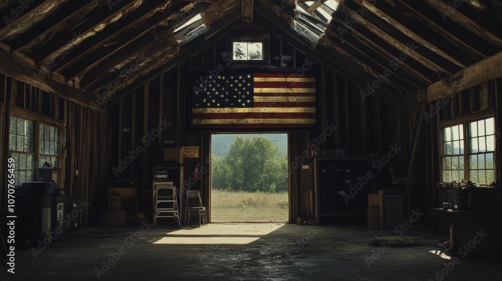Rustic Barn Interior with American Flag Open Door Sunlight Rustic Barn Interior with American Flag Open Door Sunlight