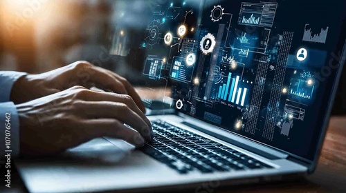 Close-up of hands typing on a laptop, featuring a digital business plan document. The image showcases technology and data analysis in a modern workspace.