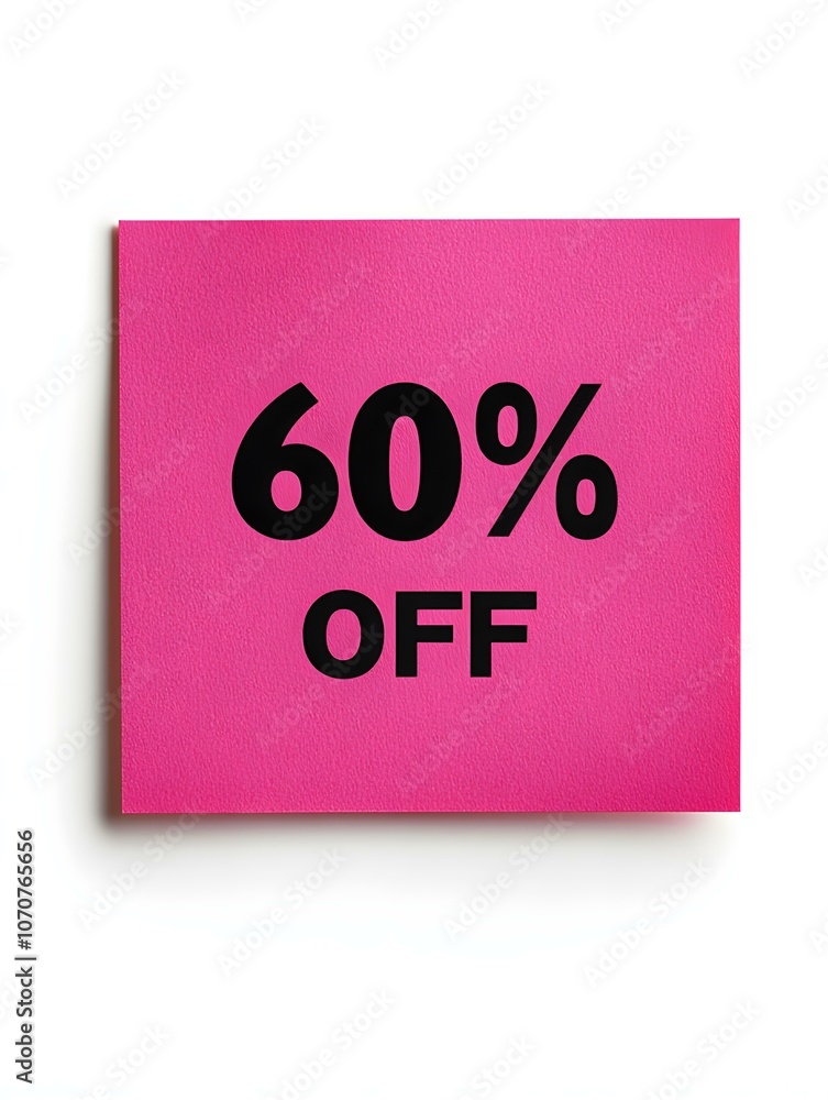 Black '60% OFF' Text on a Hot Pink Square Paper Note. White Background Black '60% OFF' Text on a Hot Pink Square Paper Note. White Background