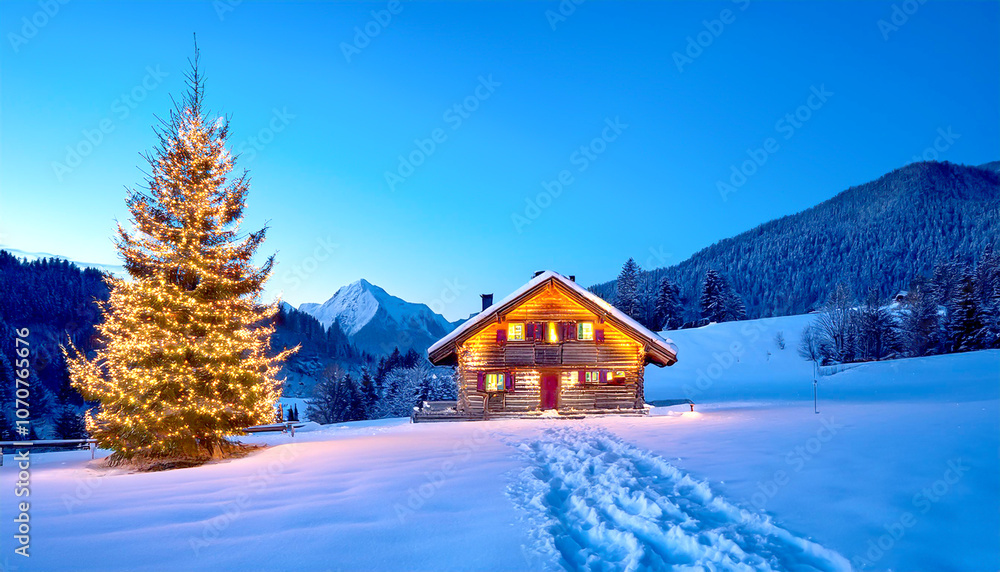 Fototapeta premium Holzhaus mit Weihnachtsbaum in Winterlandschaft 