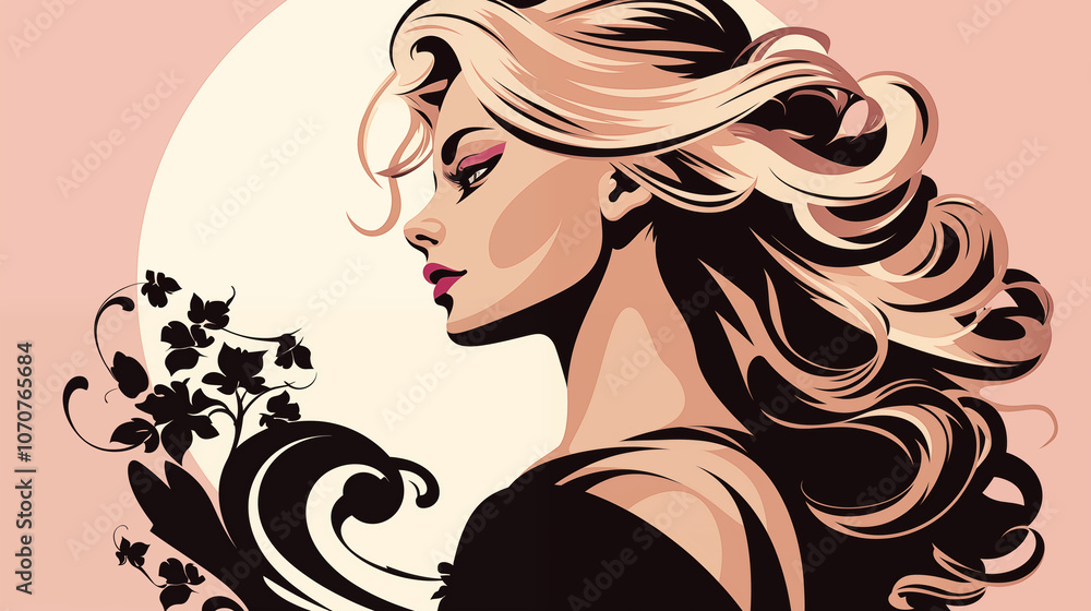 Stylish silhouette of a woman with flowing hair and floral elements in a chic design Stylish silhouette of a woman with flowing hair and floral elements in a chic design