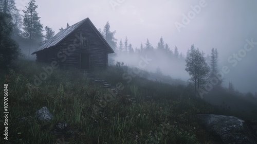 A rustic wooden cabin stands secluded in a foggy forest, surrounded by tall trees. The misty atmosphere creates a sense of mystery and isolation, inviting the viewer to imagine the stories hidden with