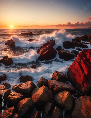 Wallpaper Mural Sunlit waves crash upon red rocky shores Torontodigital.ca