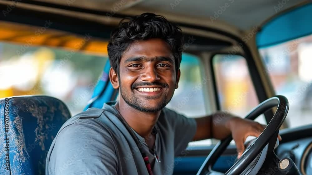 The driver is a cheerful young Indian man who grins. The driver is a cheerful young Indian man who grins.
